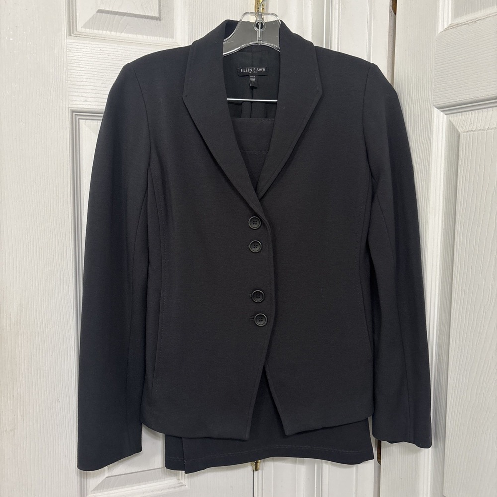 Eileen Fisher Women Dark Gray Knit Skirt Suit Jacket 2-Pc Set Petite PP Career